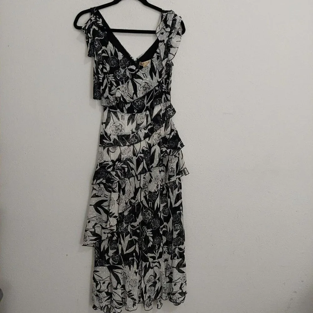 Dark Pink Deconstructed Midi Tea Dress Black White Layered Ruffled Sz US 2 /UK 6